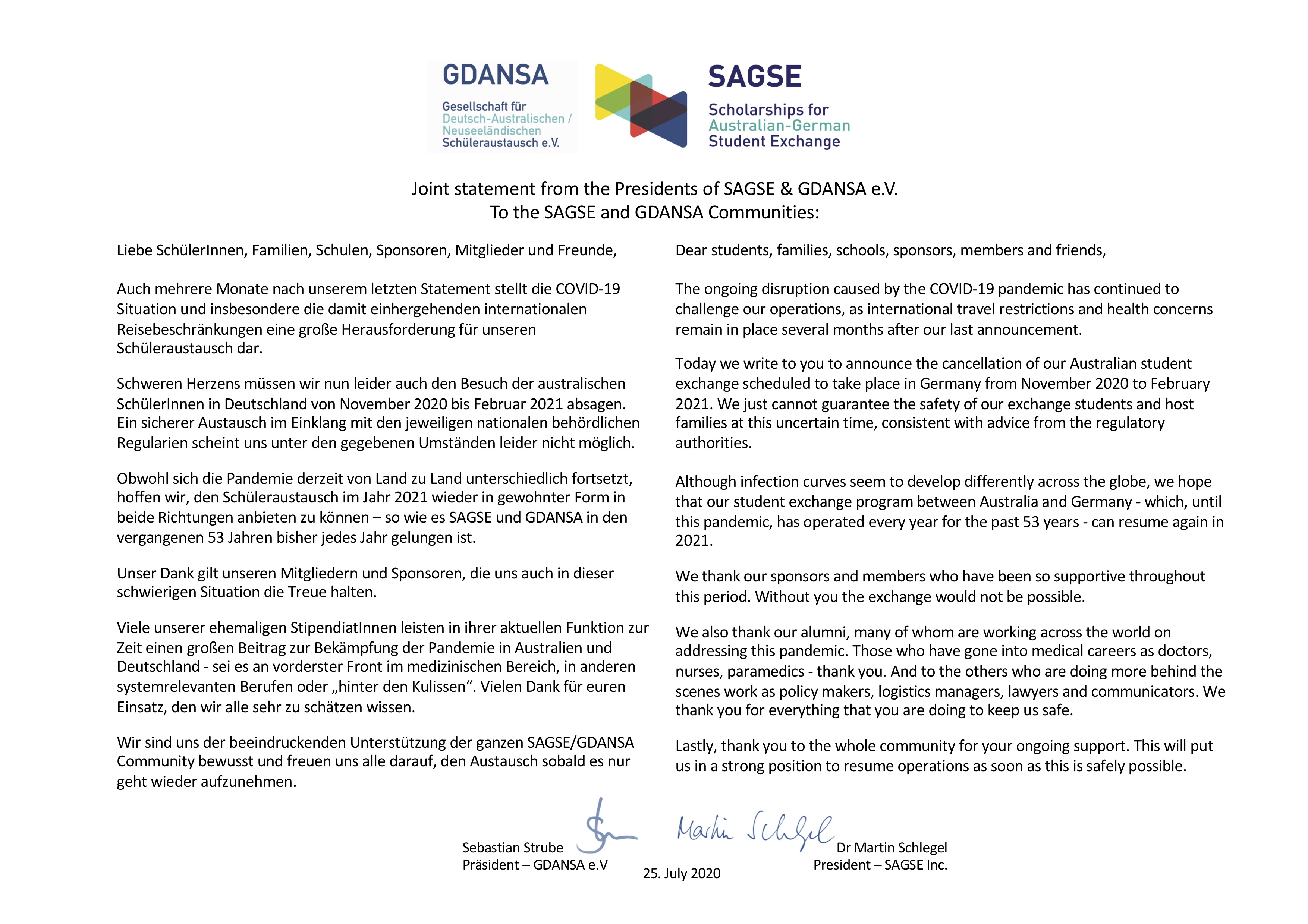 Joint GDANSA-SAGSE Statement